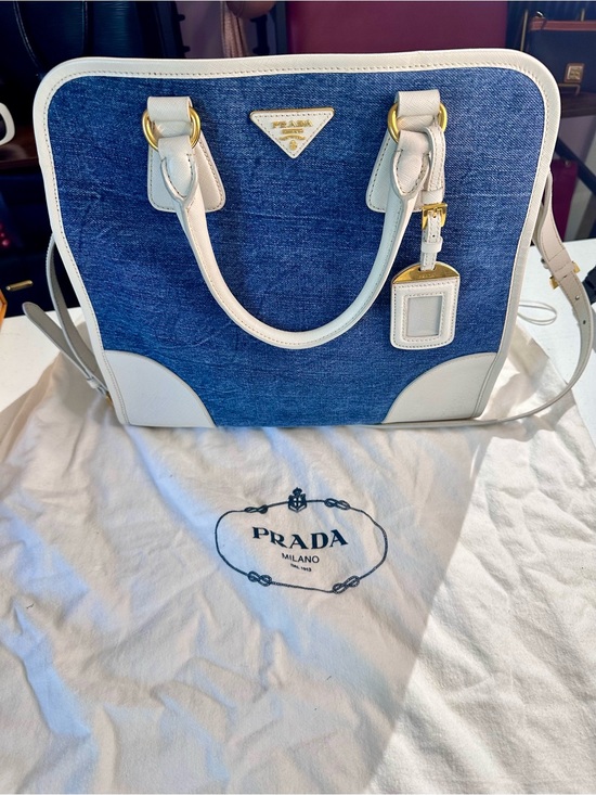 Prada Handbags - Prada Blue Denim and I our Saffiano Leather Satchel with Gold Hardware
